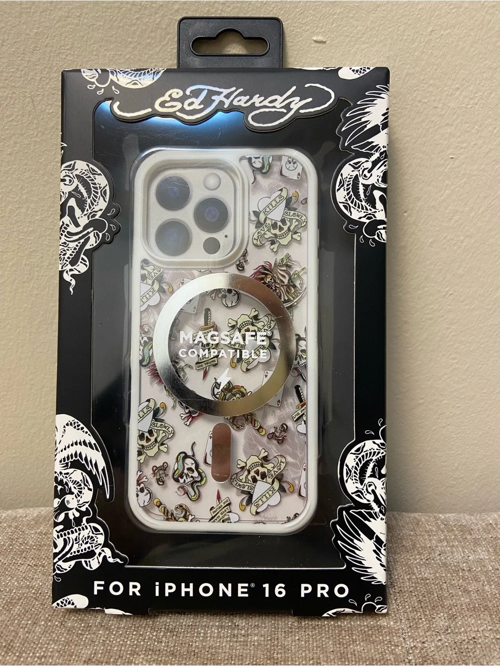 Ed Hardy MagSafe Compatible White Tattoo Skull iPhone Case 16 Pro NEW